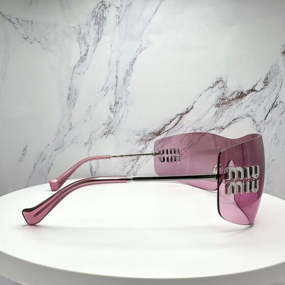 New MIU MIU Sunglasses Aube Silver Pink Mirror Rimless Wrap Authentic Womens